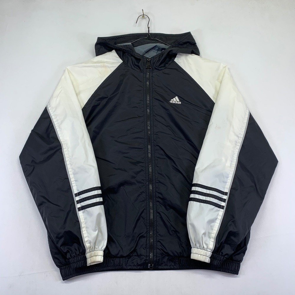 Vintage 2001 Adidas Boys Large Black White Windbreaker Jacket Hood Lightweight